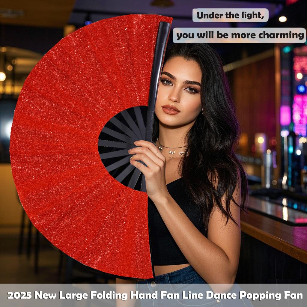 Red Glitter Rave Clack Fan, 13 Inch – Large Folding Hand Fan