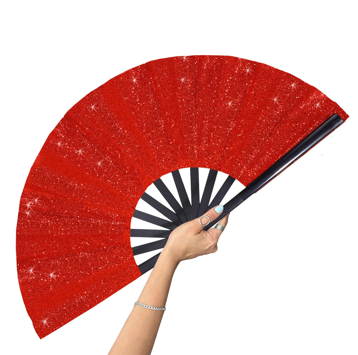 Red Glitter Rave Clack Fan, 13 Inch – Large Folding Hand Fan