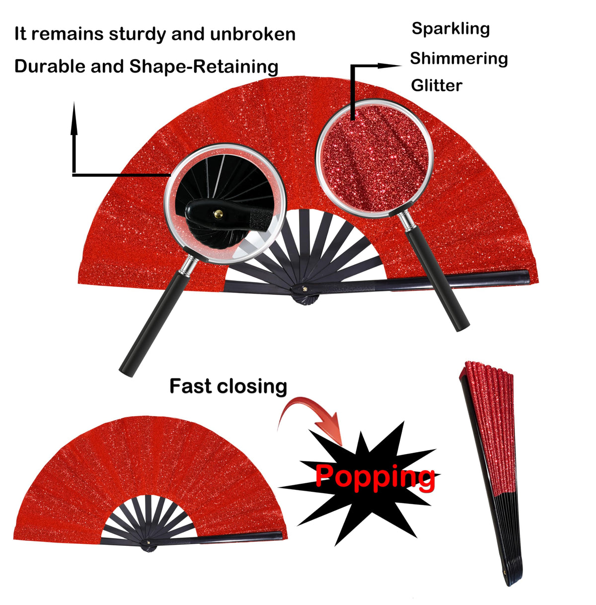 Red Glitter Rave Clack Fan, 13 Inch – Large Folding Hand Fan