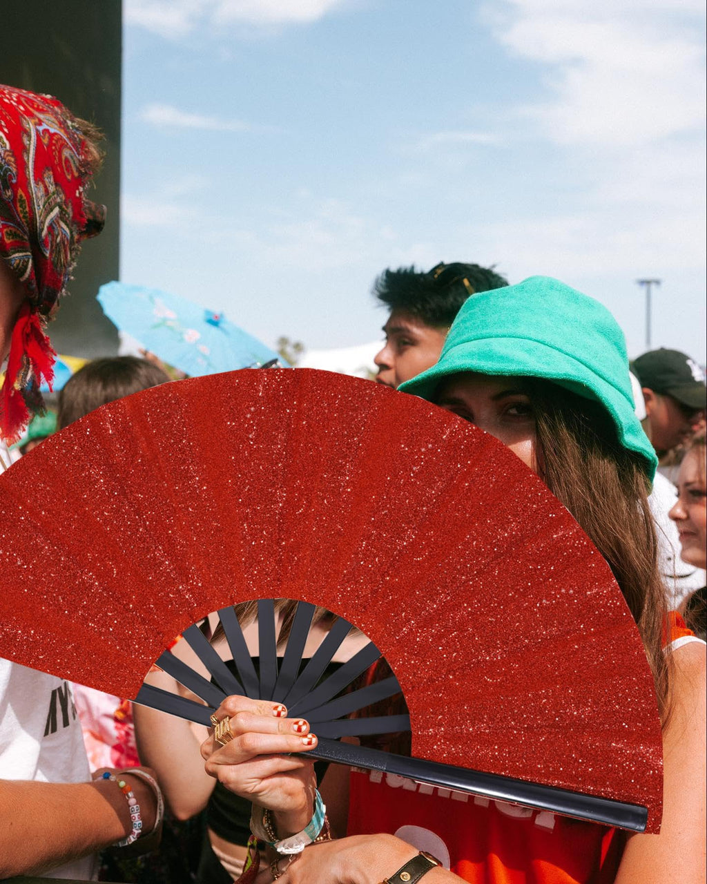Red Glitter Rave Clack Fan, 13 Inch – Large Folding Hand Fan