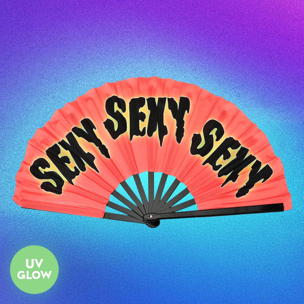 UV Glow Rave Clack Fan, Coral/Pink – Large Folding Hand Fan, Glows Under Blacklight