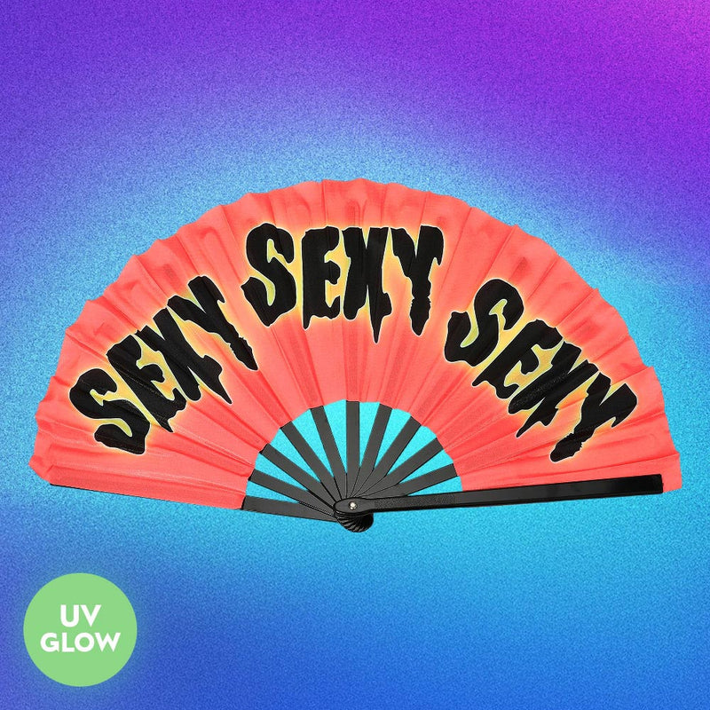 UV Glow Rave Clack Fan, Coral/Pink – Large Folding Hand Fan, Glows Under Blacklight