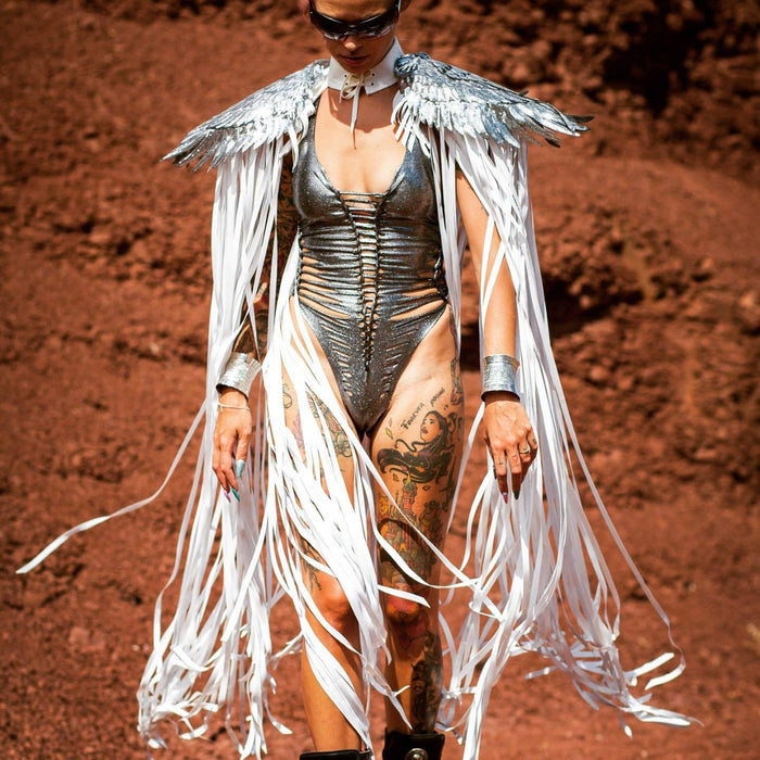 Sequin Wing Tassel Shawl – Sparkly Festival Wings Cape, Gold, Silver or White