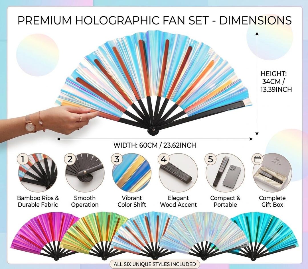 Oversized holographic rave folding fan