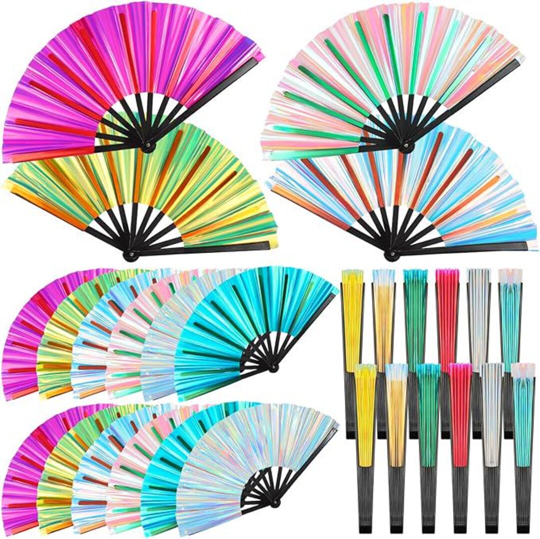 Oversized holographic rave folding fan opened