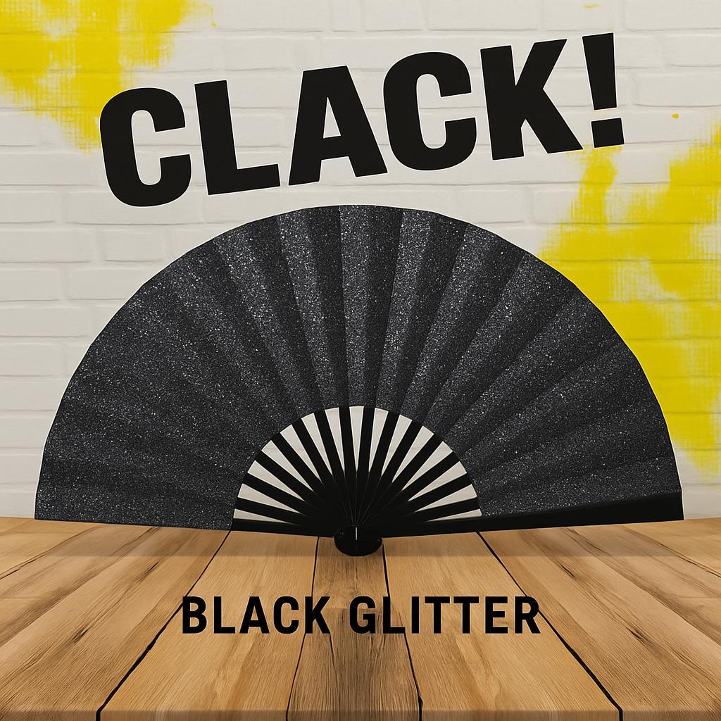 Black Glitter Oversized Rave Clack Fan – Large Folding Hand Fan