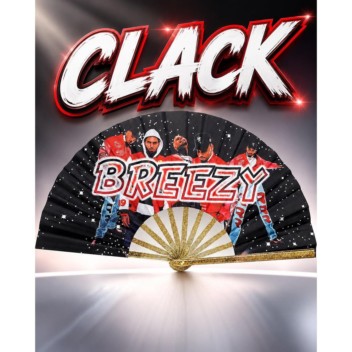 Large Graphic Rave Clack Fan, Black/Red/Gold – Folding Hand Fan