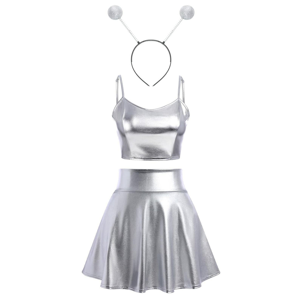 Women's Silver Metallic Alien Costume Set, Size 2XL – Crop Top, Skirt & Headband
