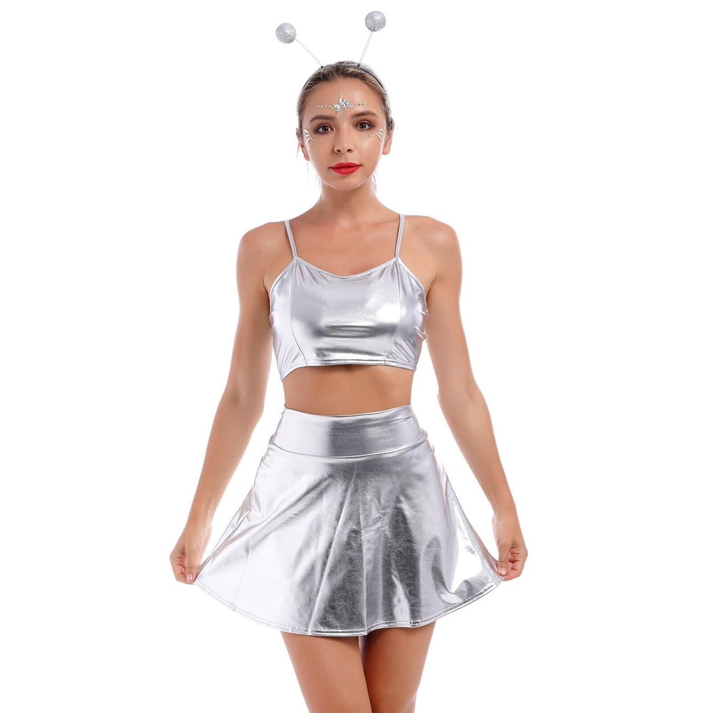 Women's Silver Metallic Alien Costume Set, Size 2XL – Crop Top, Skirt & Headband