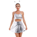 Women's Silver Metallic Alien Costume Set, Size 2XL – Crop Top, Skirt & Headband