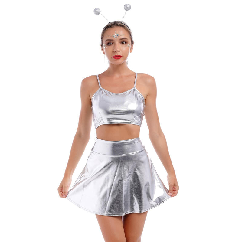 Women's Silver Metallic Alien Costume Set, Size 2XL – Crop Top, Skirt & Headband