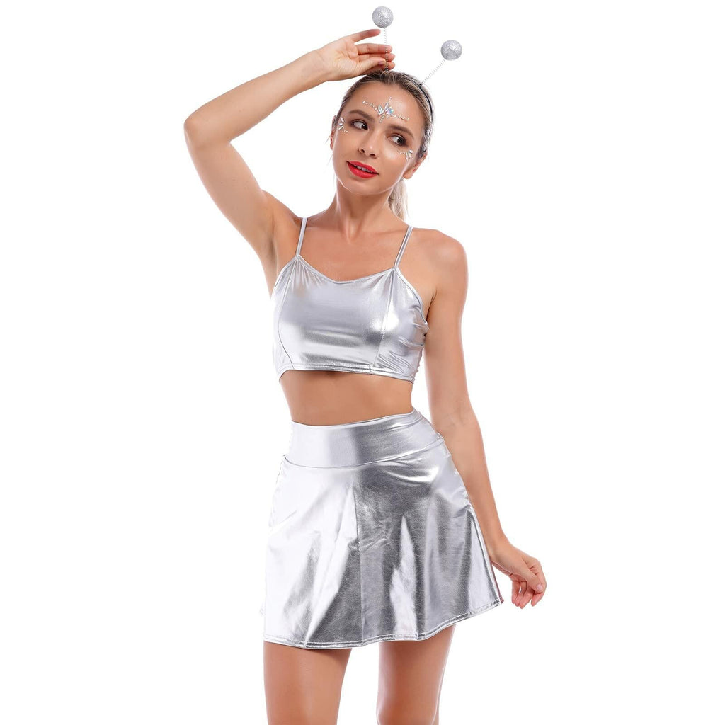 Women's Silver Metallic Alien Costume Set, Size 2XL – Crop Top, Skirt & Headband