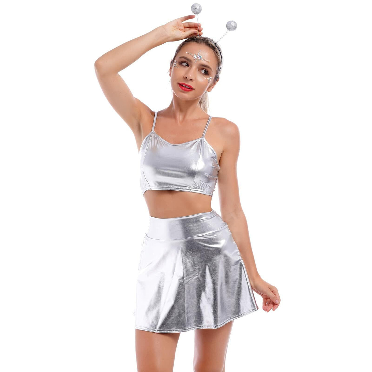 Women's Silver Metallic Alien Costume Set, Size 2XL – Crop Top, Skirt & Headband