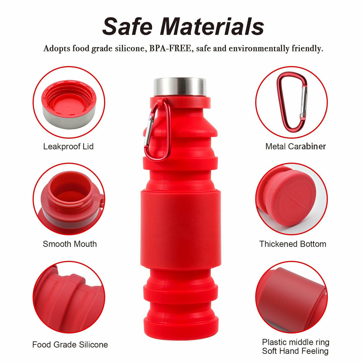 Collapsible Silicone Water Bottle, 18 oz, Red – BPA-Free Festival Bottle
