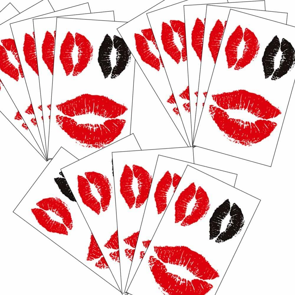 Lip Print Temporary Tattoos, Red & Black – Waterproof Festival Face & Body Tattoos, 15 Sheets