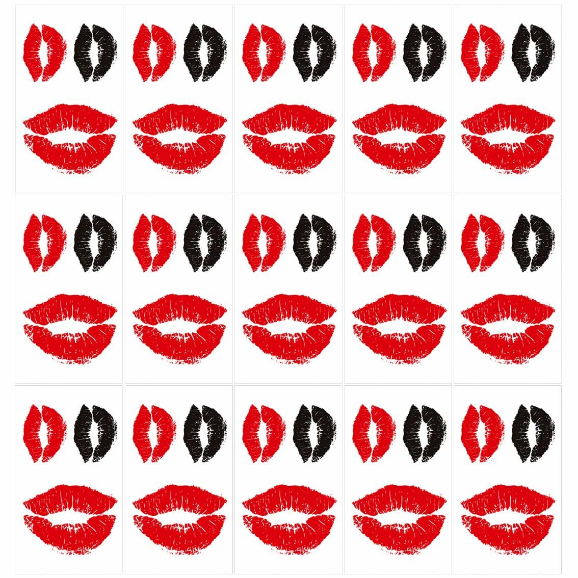 Lip Print Temporary Tattoos, Red & Black – Waterproof Festival Face & Body Tattoos, 15 Sheets