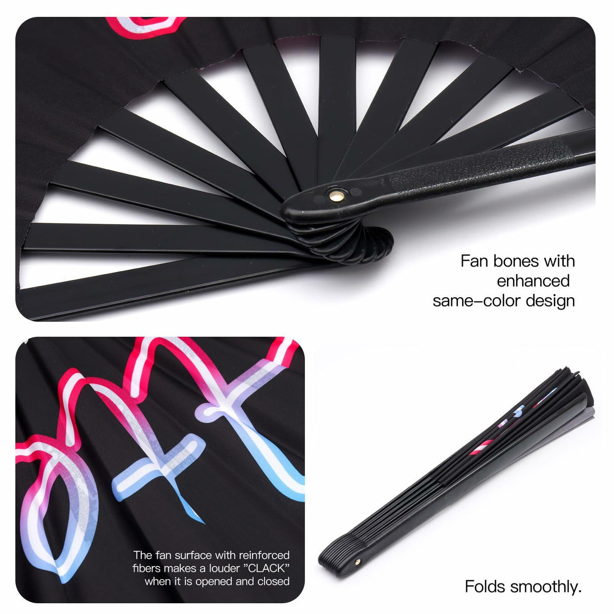 13 Inch Black Line Dancing Clack Fans, 2-Pack – Folding Hand Fans