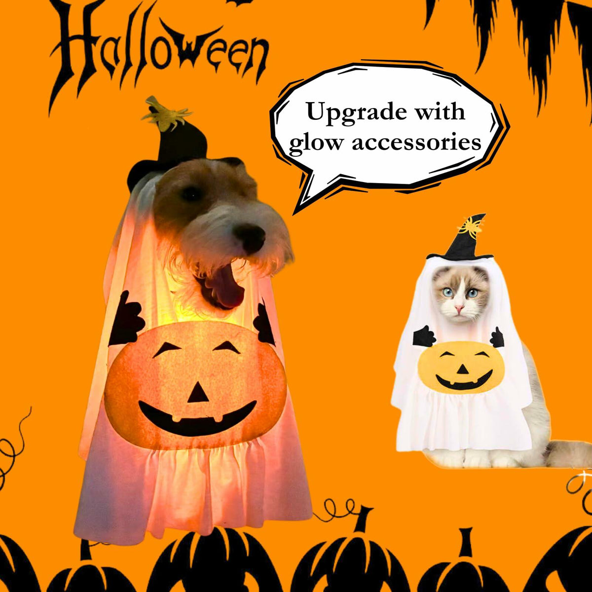 Pumpkin Ghost Halloween Costume for Dogs & Cats, Size Medium